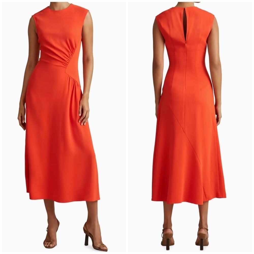 NWT Reiss Stacey Side Ruched Midi Dress Orange Sleeveless Minimalist Sz 10